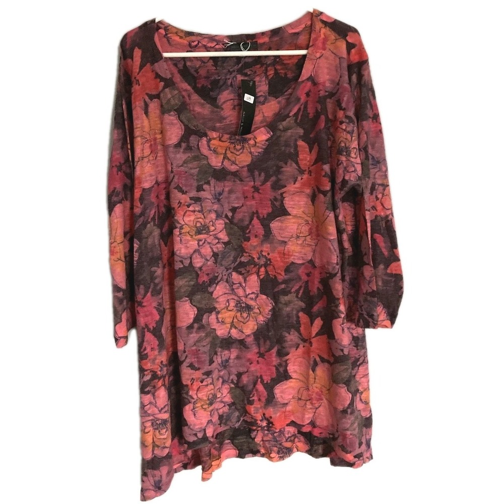 Nally & Millie Shirt Women 1X Multi Floral Scoop Neck Tunic Top NWT USA